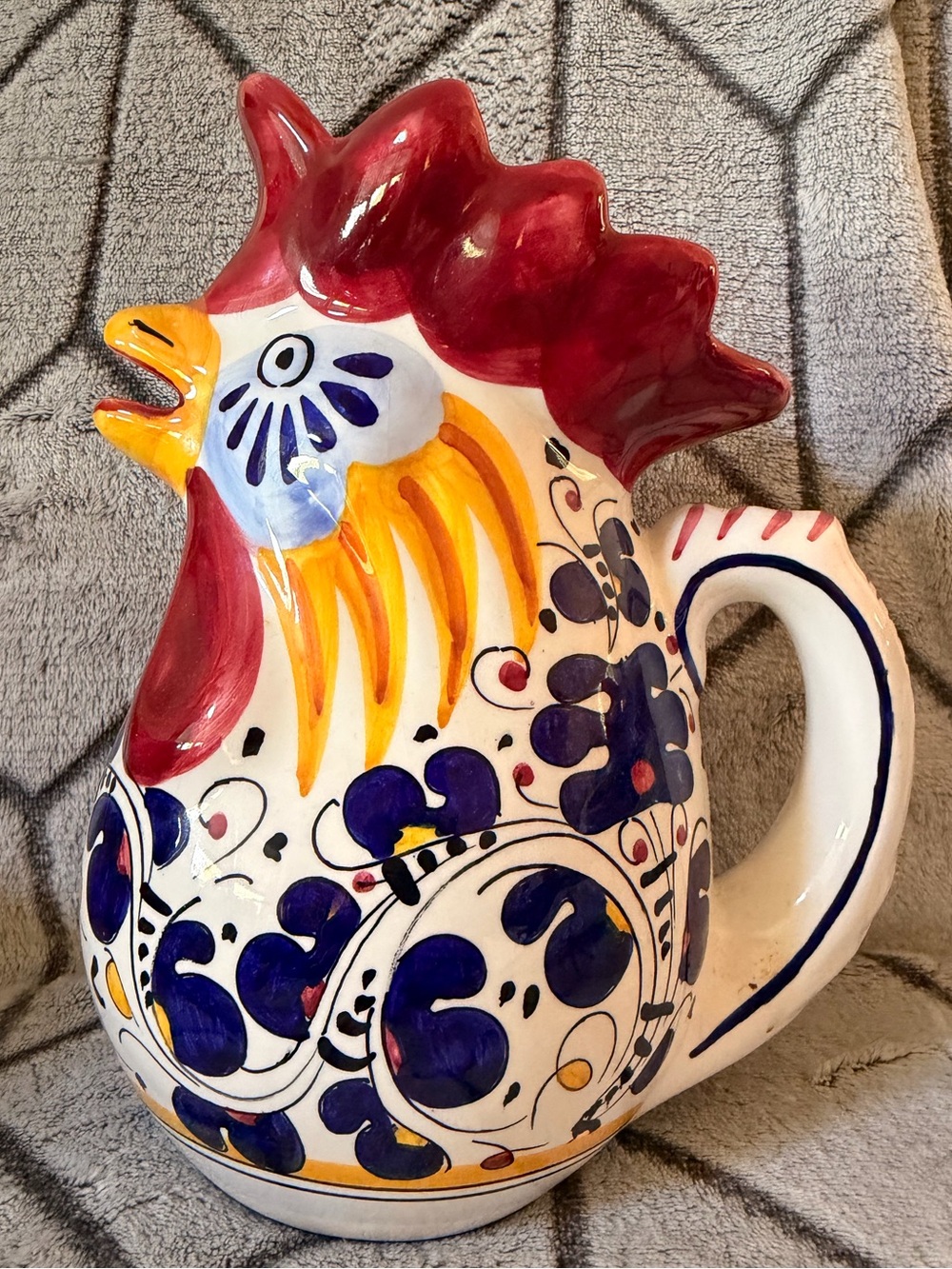 Deruta Ricco 1/2 liter Blue Rooster Pitcher Fima Handmade in Italy Vintage 8”